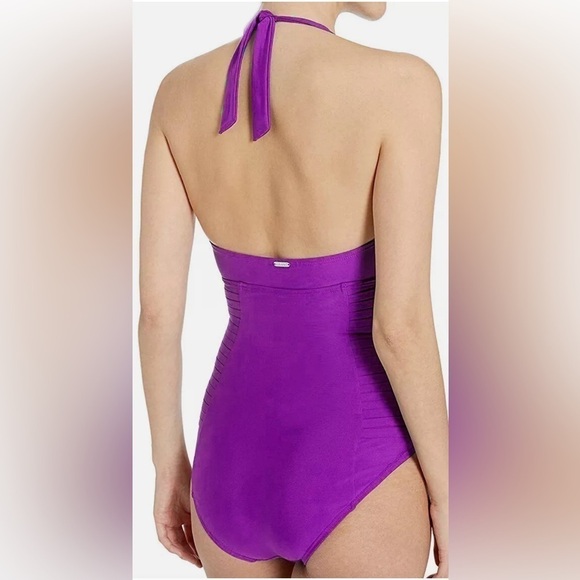 Calvin Klein Women's Dragon Fruit Pleated Halter One-Piece Swimsuit, Pink, 14 - Picture 2 of 4